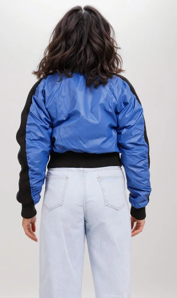 o200570-BOMBER JACKET WITH CONTRAST SLEEVES - BLUE & BLACK