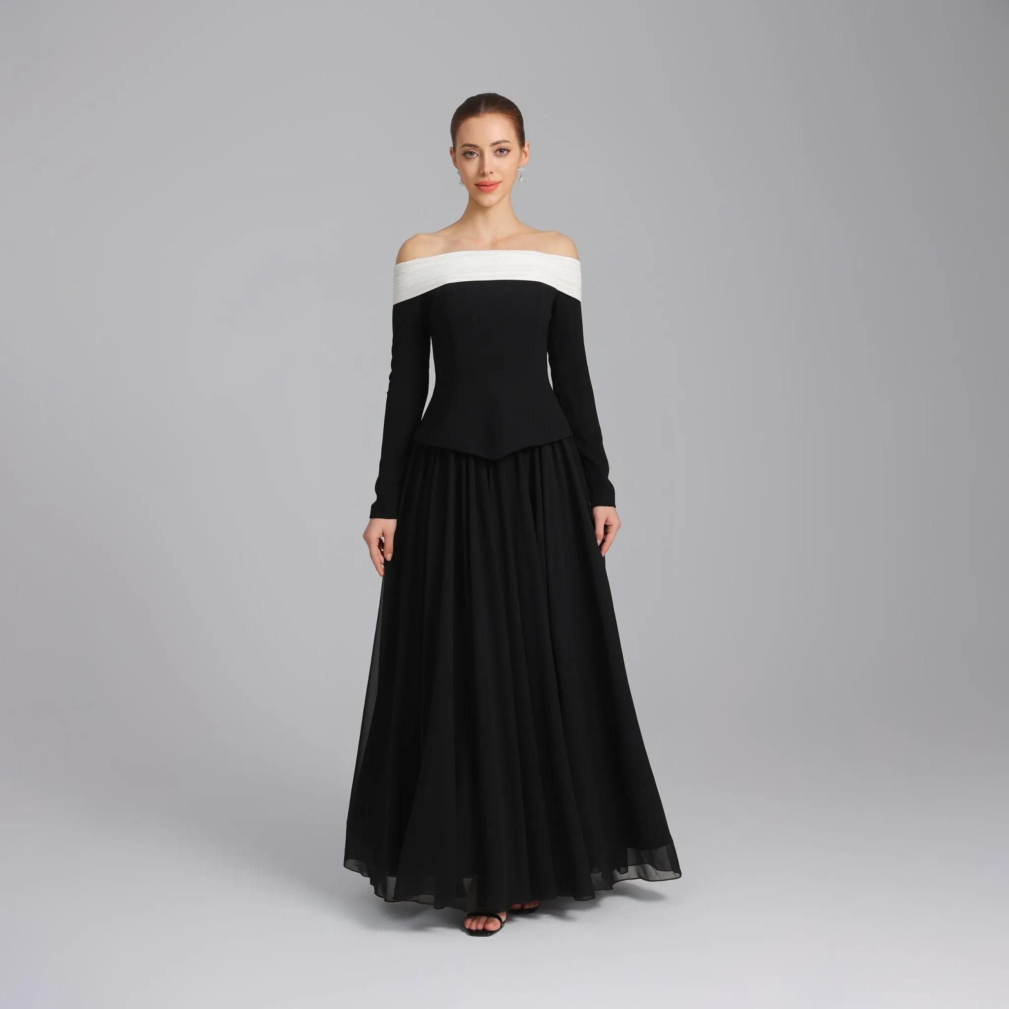 Off-Shoulder Long-Sleeve Evening Gown