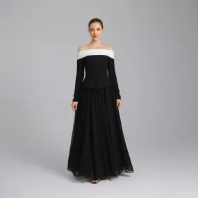 Off-Shoulder Long-Sleeve Evening Gown