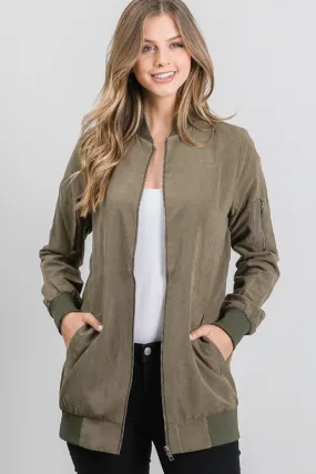 Olive Suede Bomber Jacket