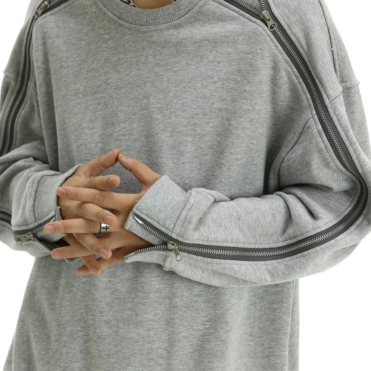 Oversized Crewneck Contrast Zip-Piping Sweatshirt