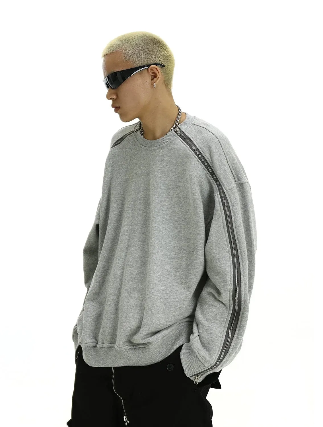 Oversized Crewneck Contrast Zip-Piping Sweatshirt