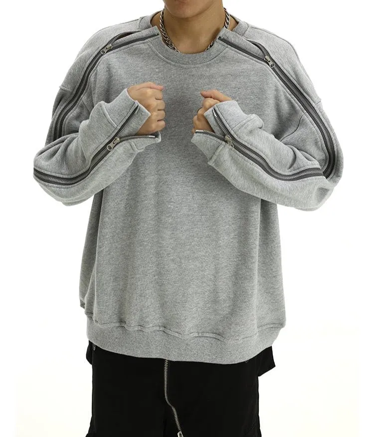 Oversized Crewneck Contrast Zip-Piping Sweatshirt