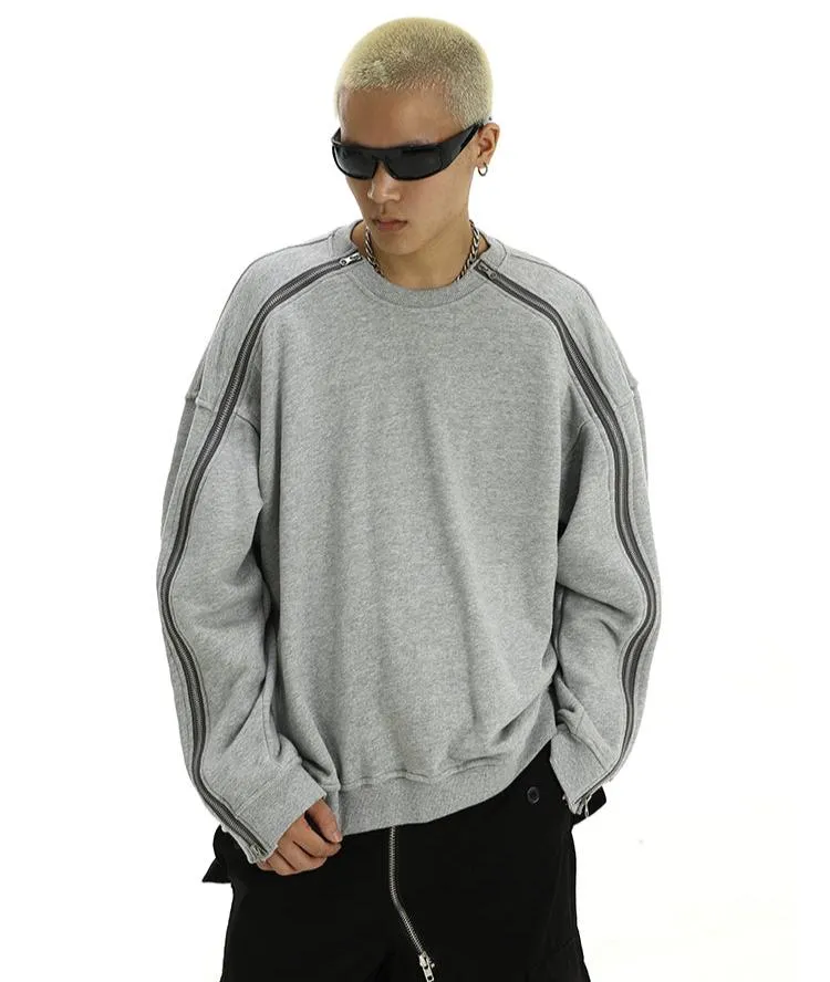 Oversized Crewneck Contrast Zip-Piping Sweatshirt