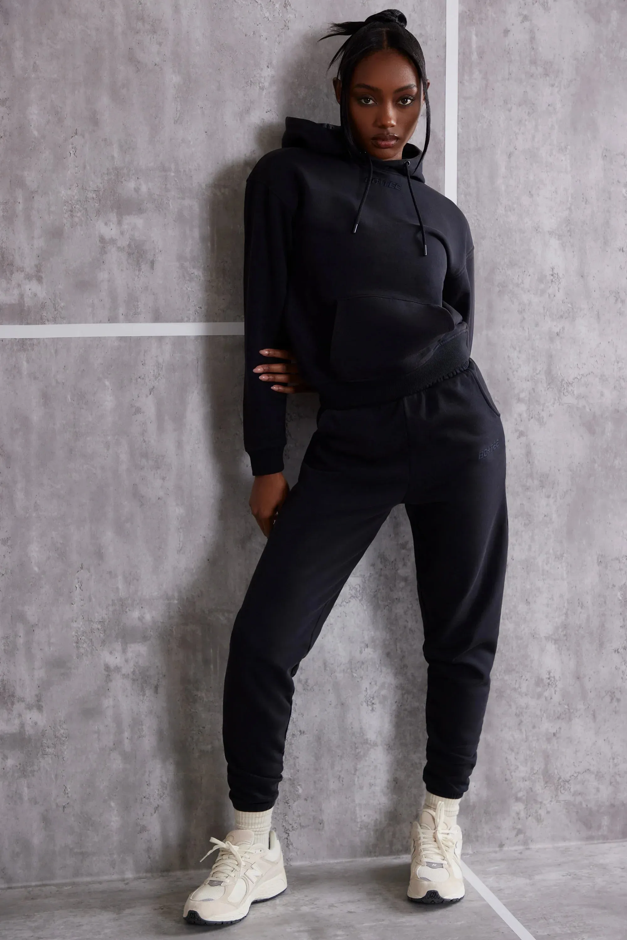 Petite High Waist Cuffed Joggers in Washed Black