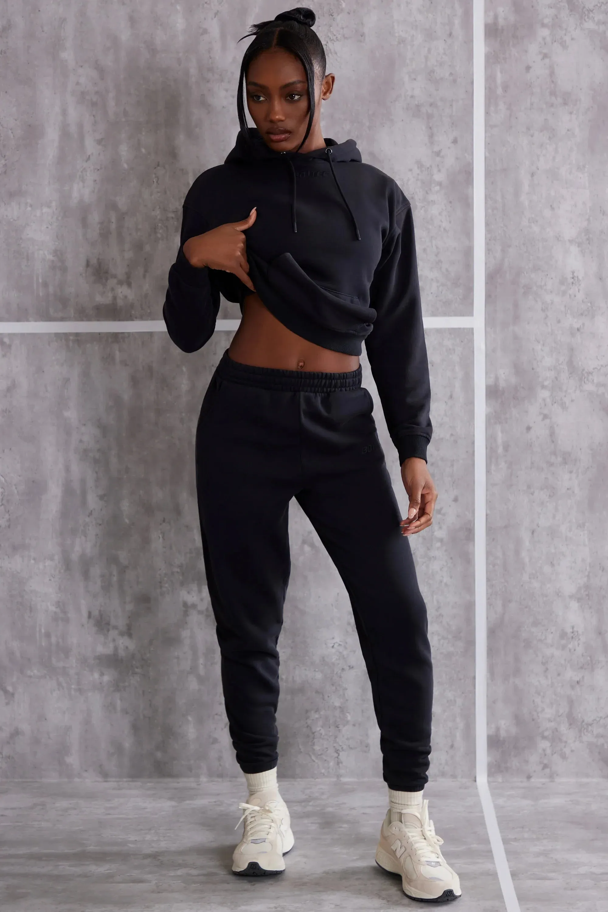 Petite High Waist Cuffed Joggers in Washed Black