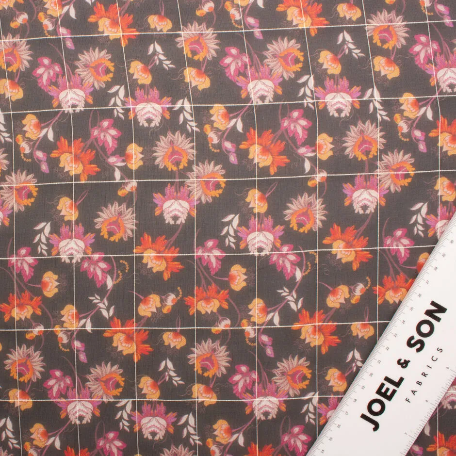 Pink & Orange Floral on Black Silk Georgette Jacquard