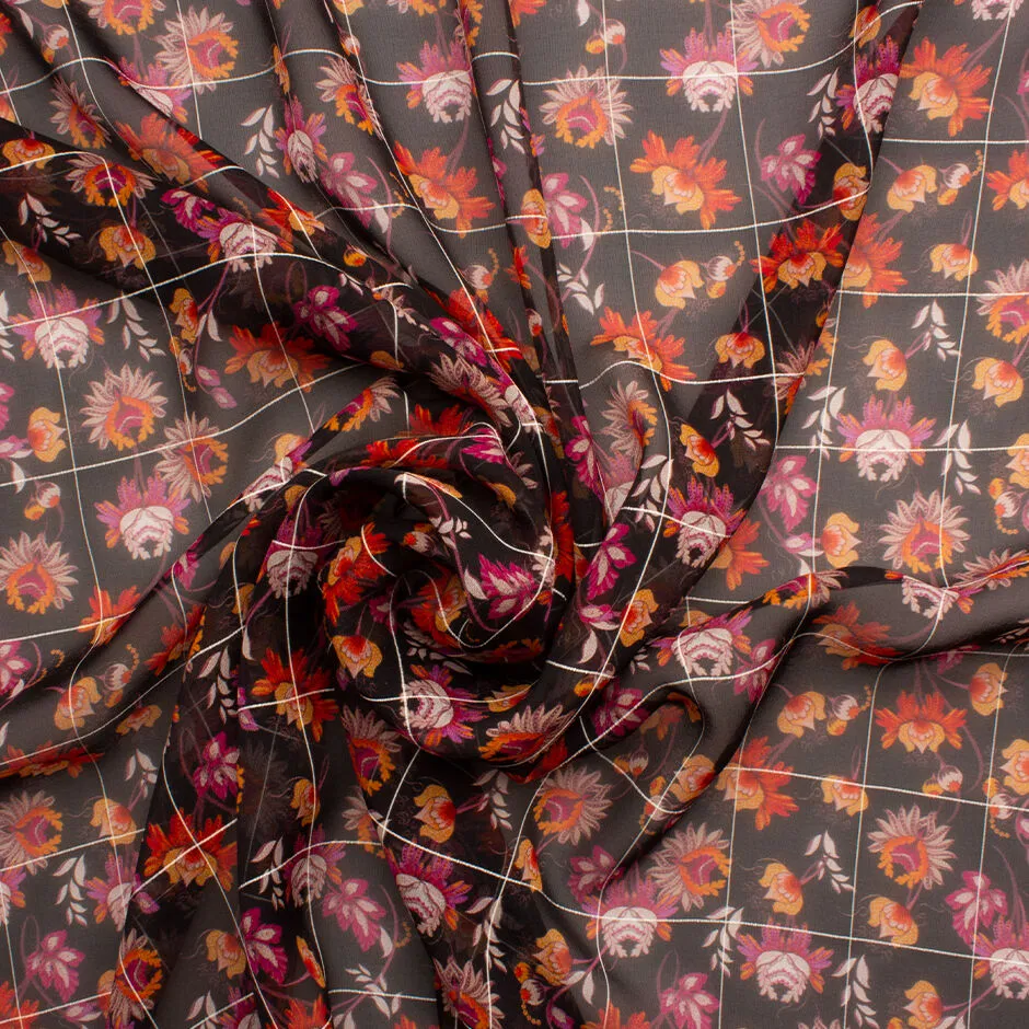 Pink & Orange Floral on Black Silk Georgette Jacquard