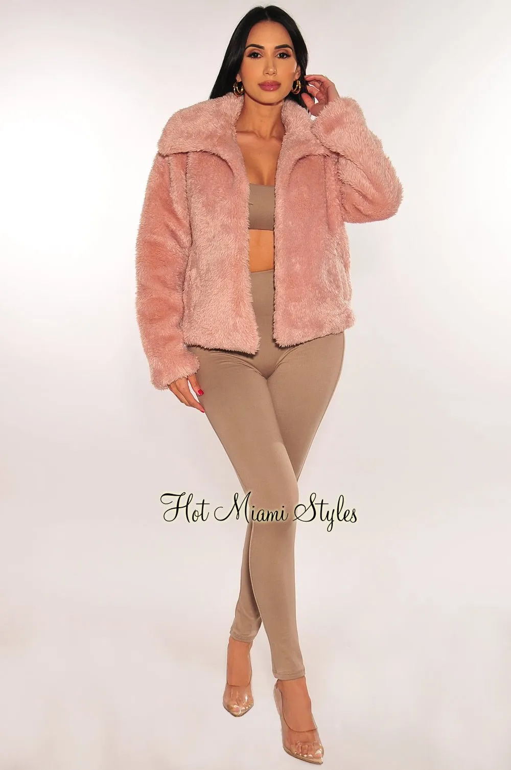 Pink Fuzzy Collared Long Sleeve Jacket