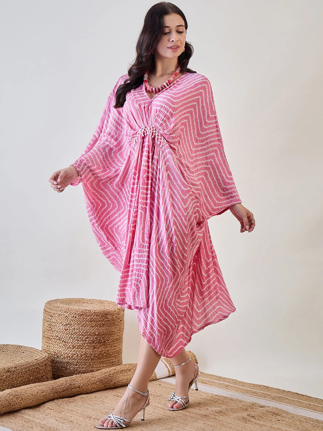 Pink Pure Silk Freesize Bandhani Kaftan