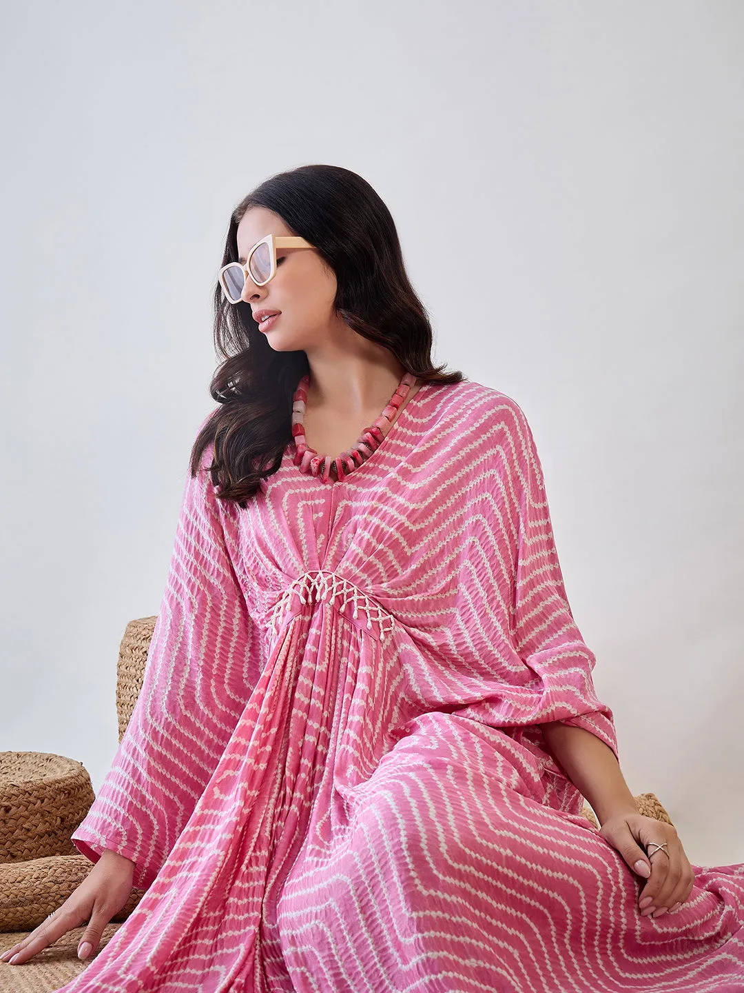 Pink Pure Silk Freesize Bandhani Kaftan