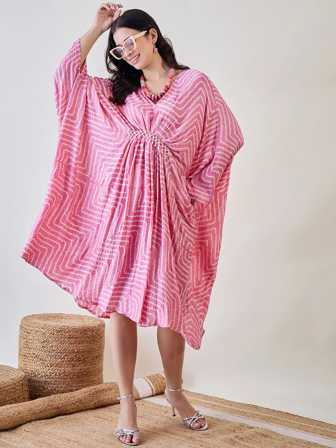 Pink Pure Silk Freesize Bandhani Kaftan