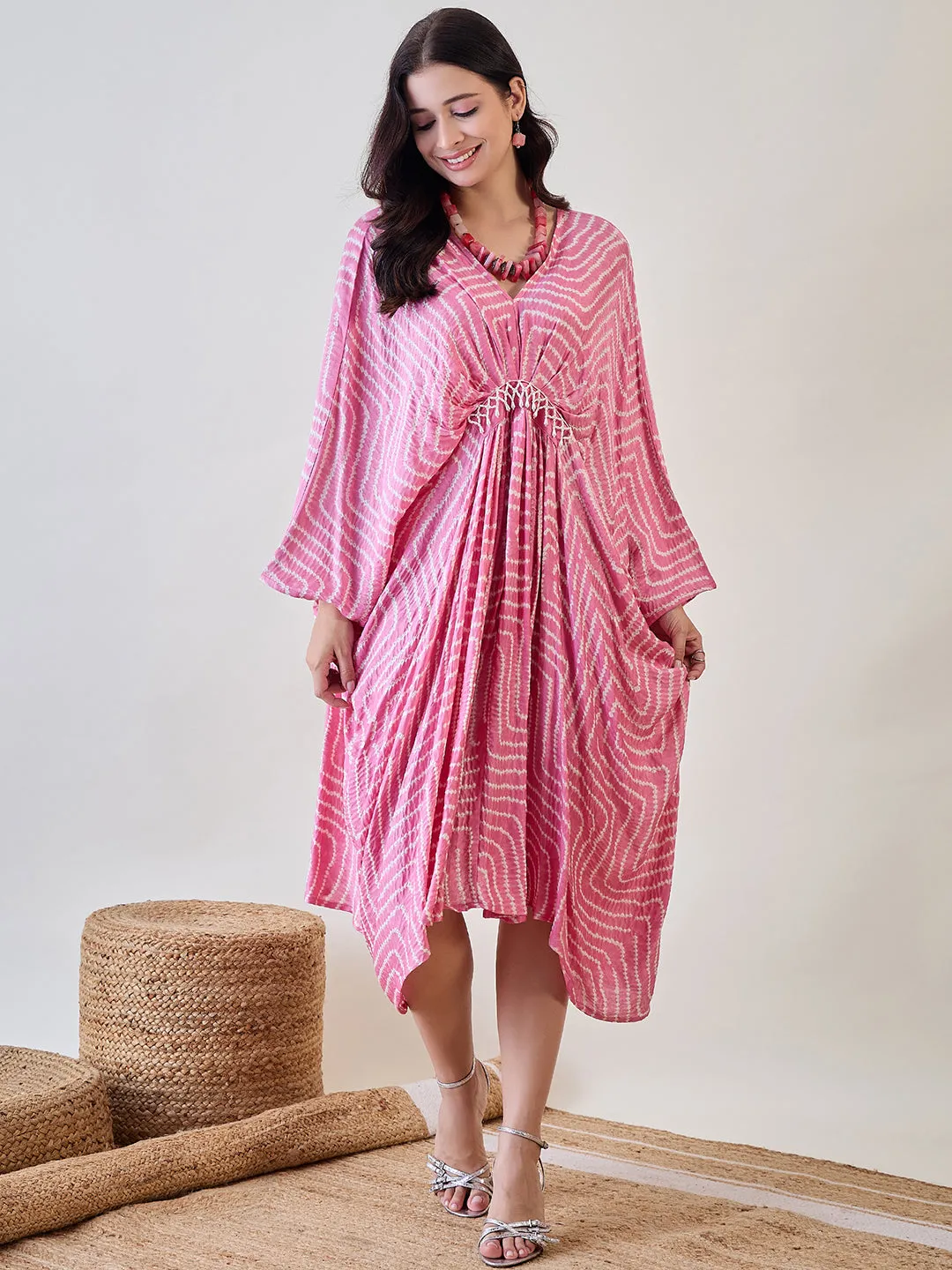 Pink Pure Silk Freesize Bandhani Kaftan