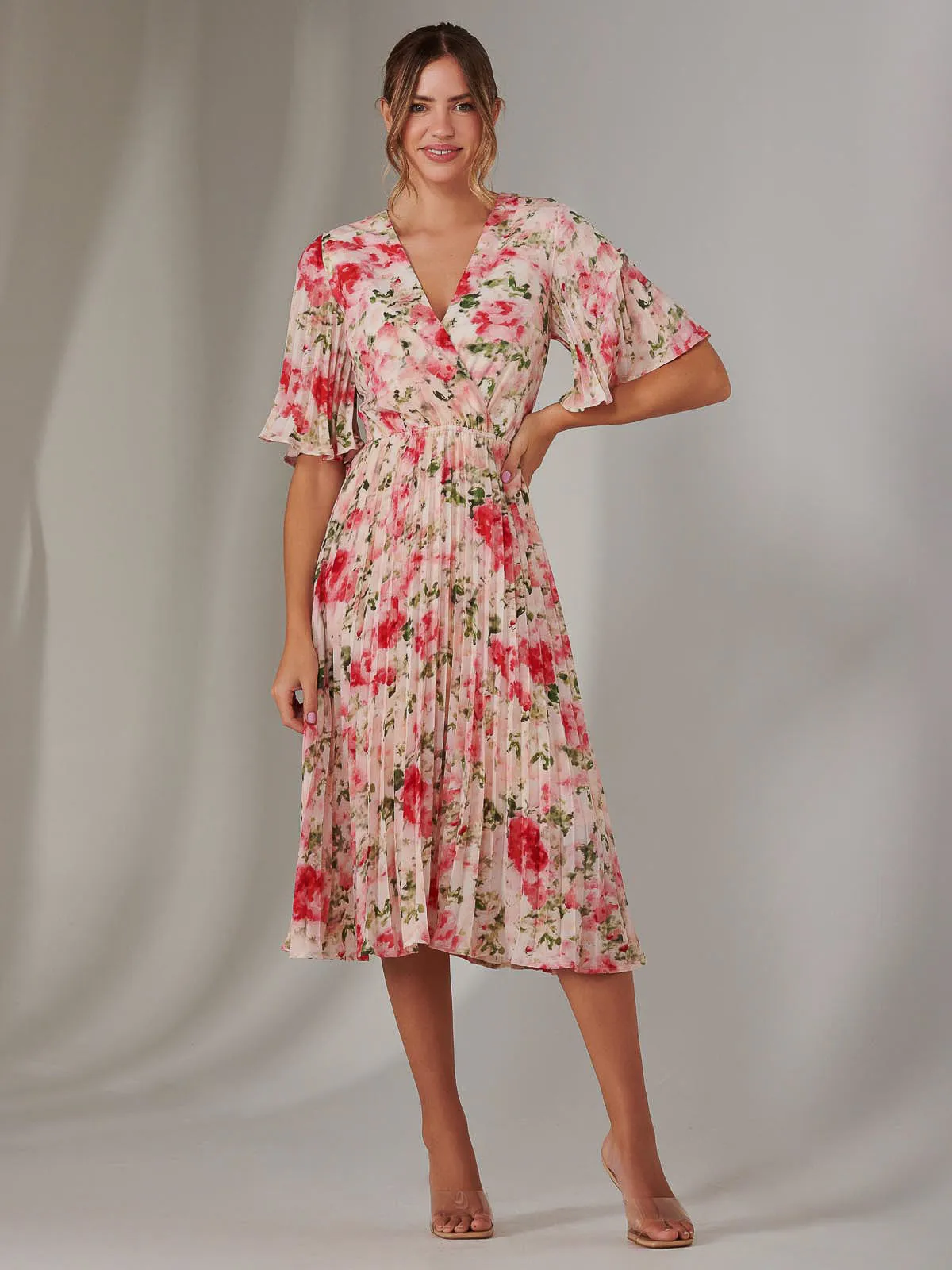 Pleated Wrap Midi Dress, Pink Floral