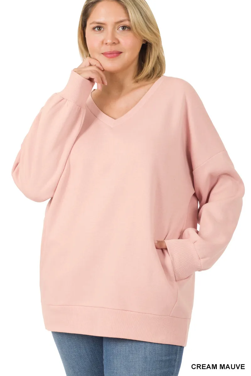 Plus Size Basic Relaxed Long Sleeve V-Neck Sweatshirts w/Side Pockets