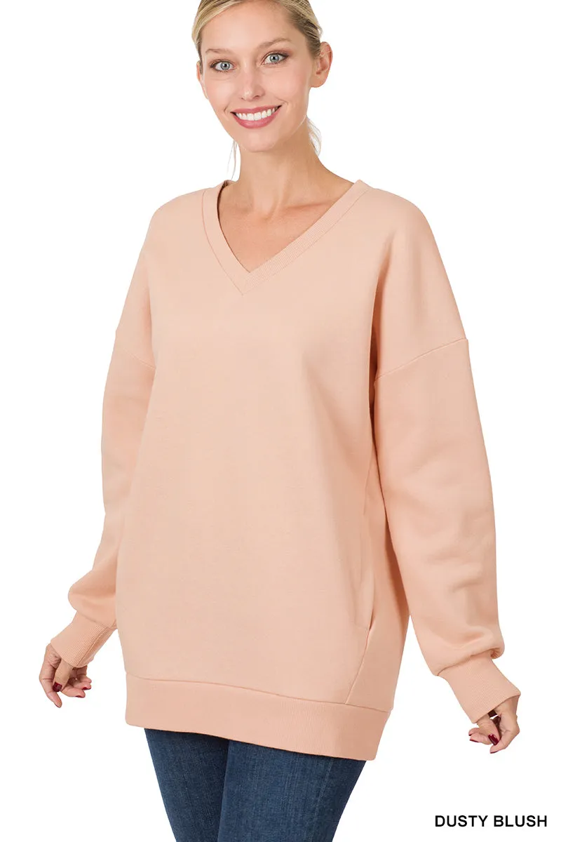 Plus Size Basic Relaxed Long Sleeve V-Neck Sweatshirts w/Side Pockets