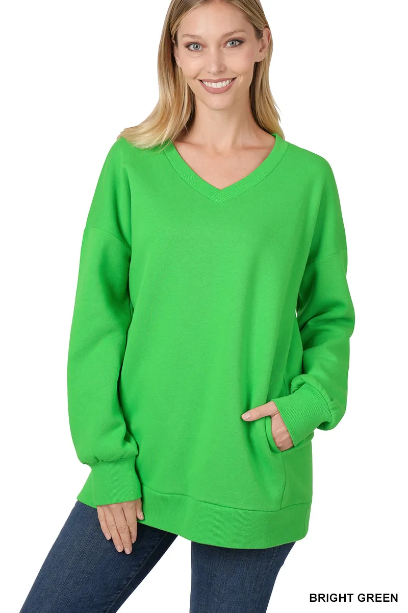 Plus Size Basic Relaxed Long Sleeve V-Neck Sweatshirts w/Side Pockets