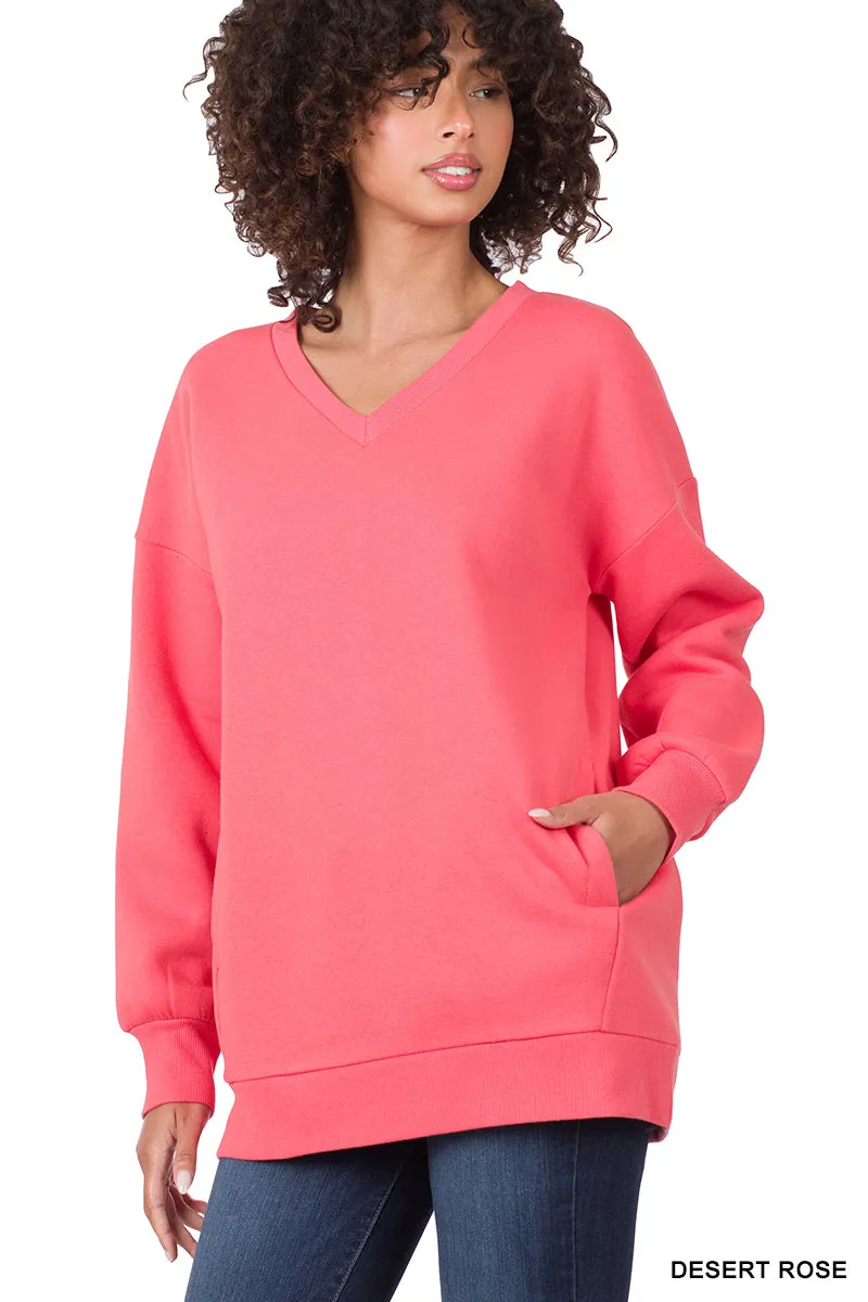 Plus Size Basic Relaxed Long Sleeve V-Neck Sweatshirts w/Side Pockets