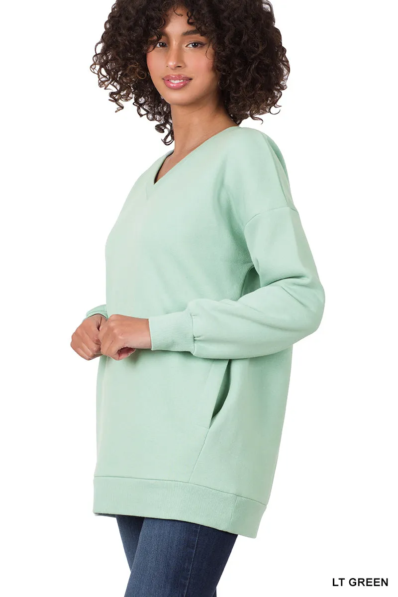 Plus Size Basic Relaxed Long Sleeve V-Neck Sweatshirts w/Side Pockets