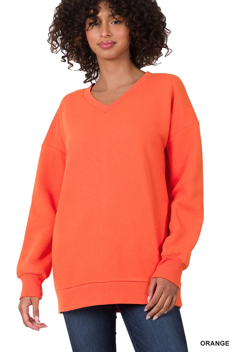 Plus Size Basic Relaxed Long Sleeve V-Neck Sweatshirts w/Side Pockets