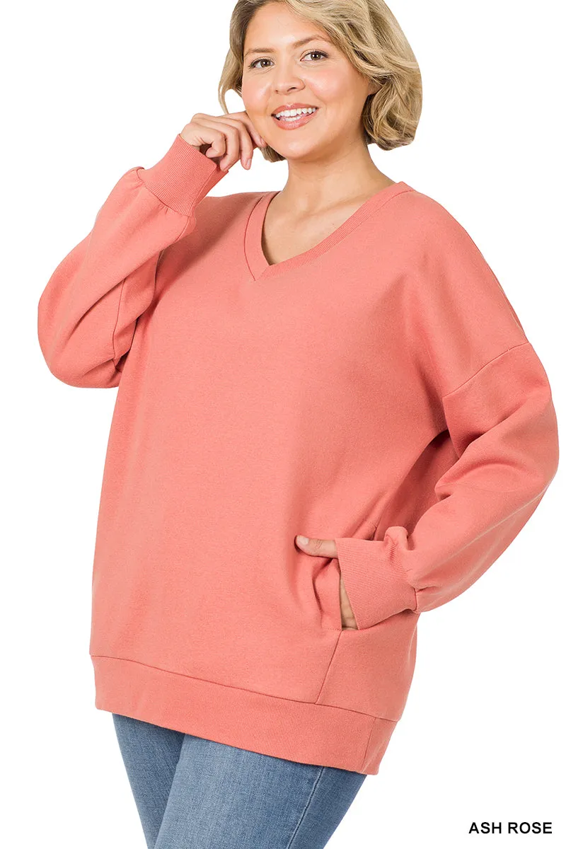 Plus Size Basic Relaxed Long Sleeve V-Neck Sweatshirts w/Side Pockets