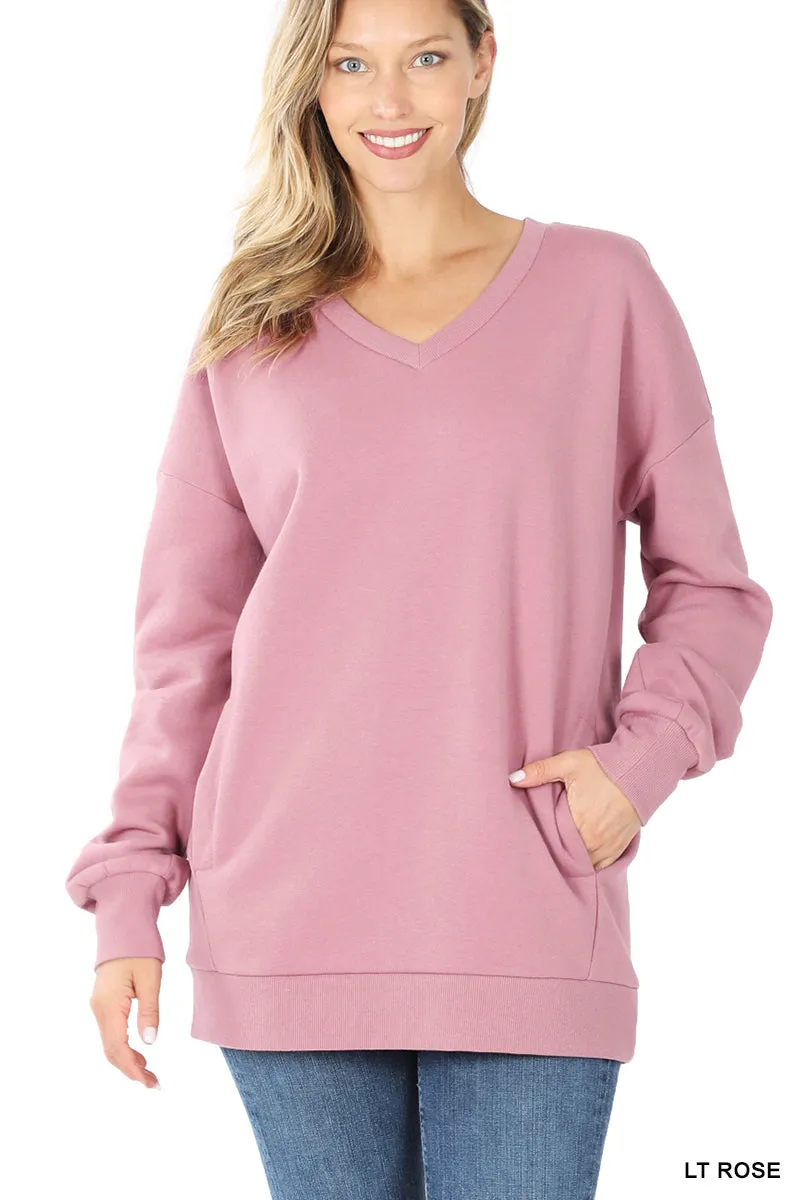 Plus Size Basic Relaxed Long Sleeve V-Neck Sweatshirts w/Side Pockets