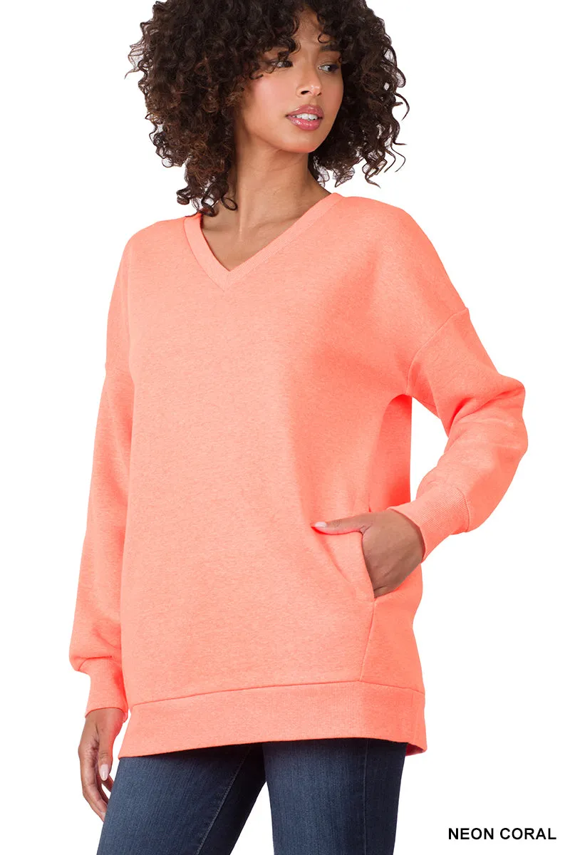 Plus Size Basic Relaxed Long Sleeve V-Neck Sweatshirts w/Side Pockets