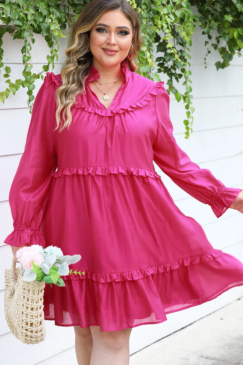 Plus Size Ruffled Bubble Sleeve Dress