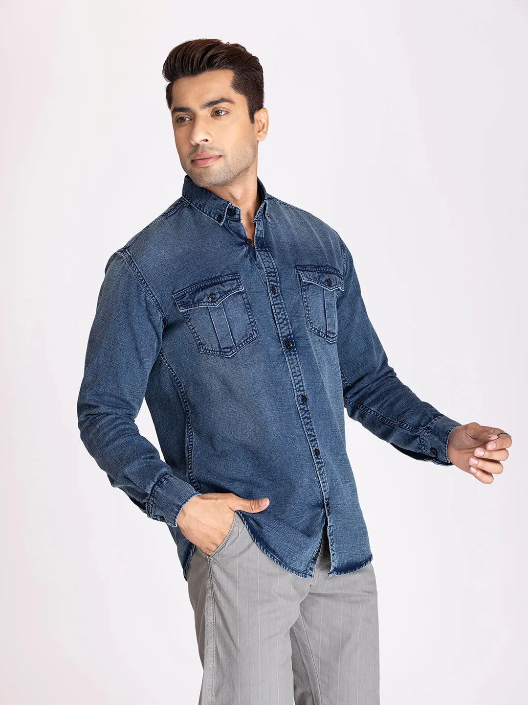 PREMIUM SLUB DENIM SHIRT-BLUE