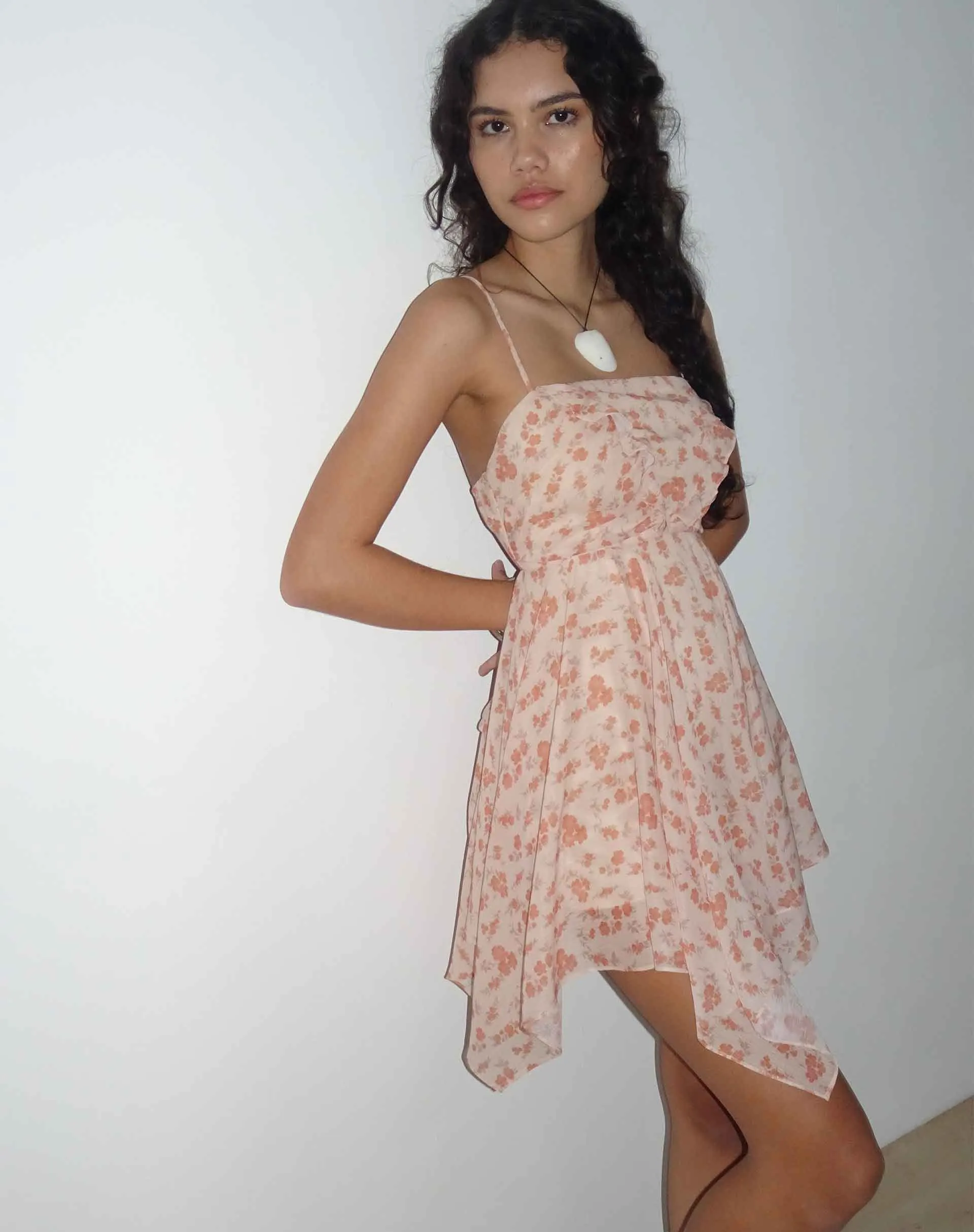 Raftar Frill Chiffon Mini Dress in Peach Cherry Blossom