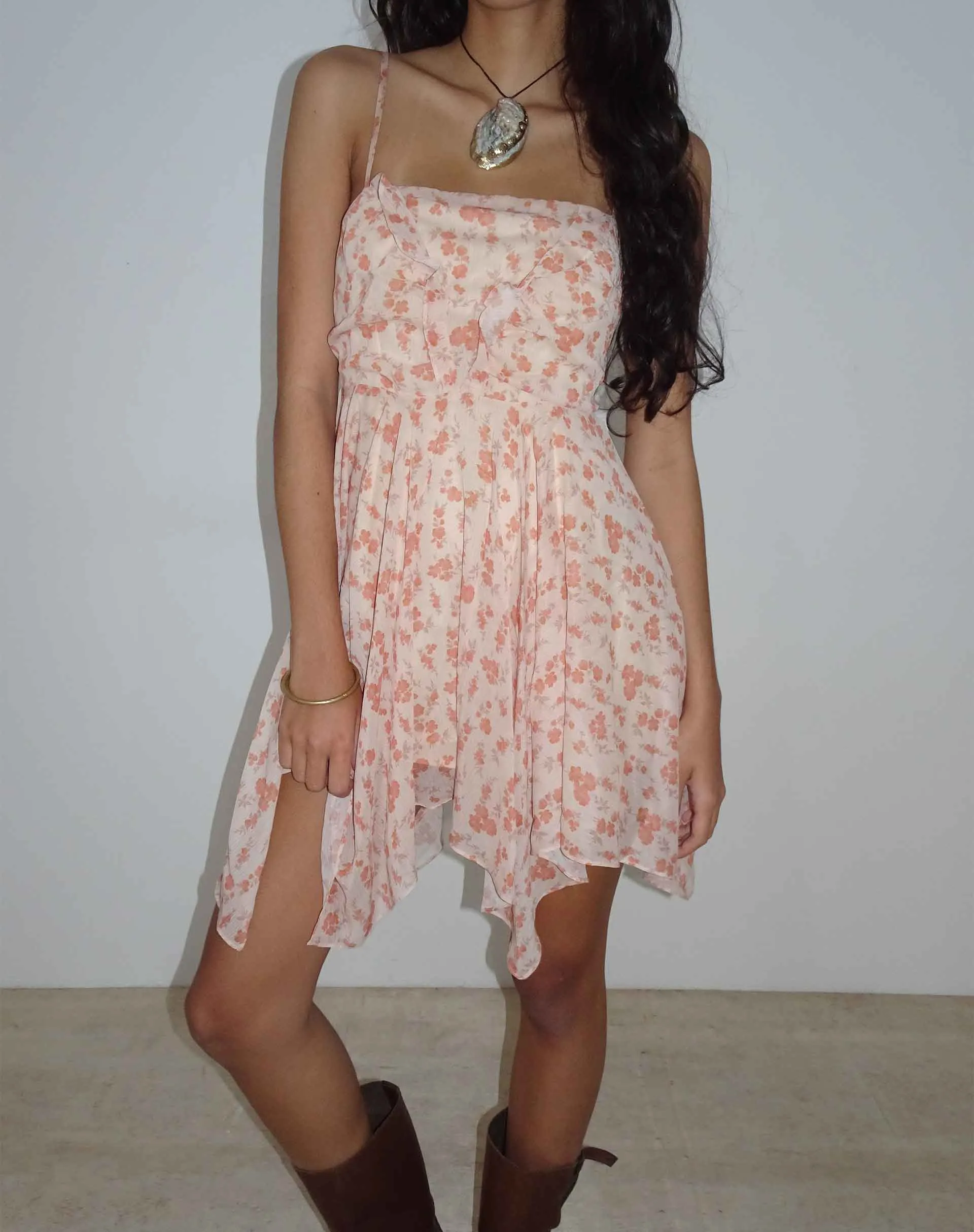 Raftar Frill Chiffon Mini Dress in Peach Cherry Blossom