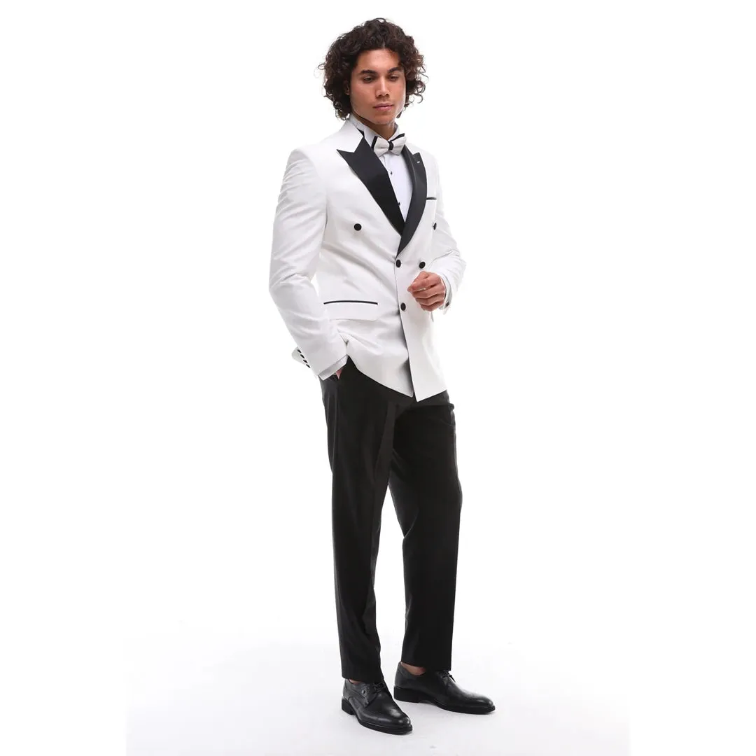 SDW2302 - Men's Double Breasted Dinner Suit Wedding Tuxedo Black Tie White Black Classic