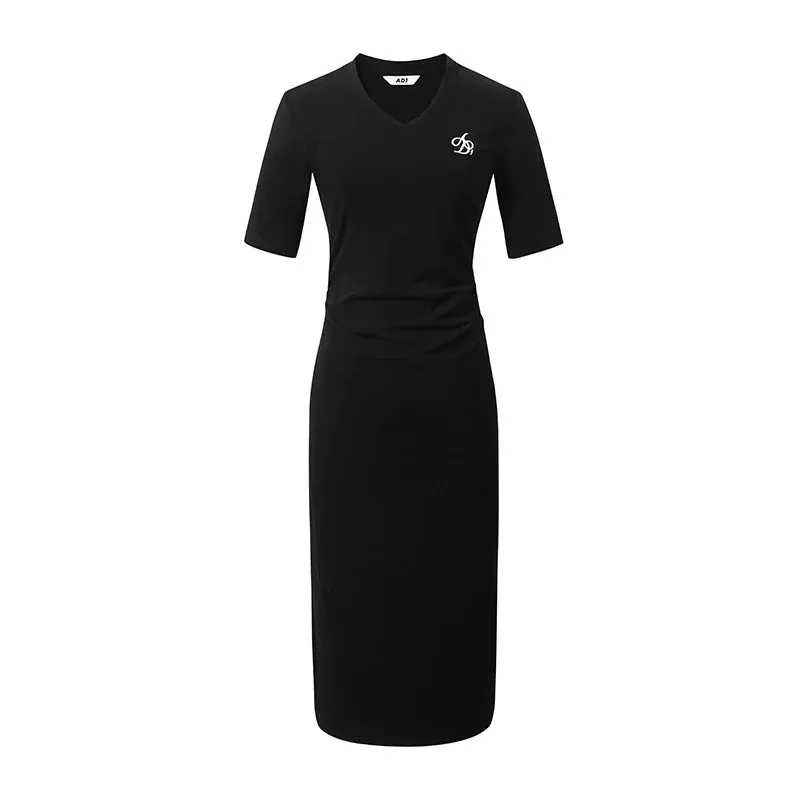 Sleek V-Neck Midi Dress: Figure-Hugging Bodycon with Elbow-Length Sleeves in Heather Gray and Black