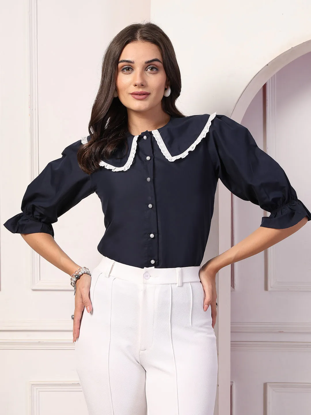 Style Quotient Women Navy Blue Victorian Shirt Style Top