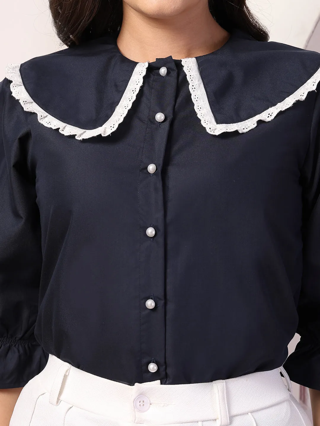 Style Quotient Women Navy Blue Victorian Shirt Style Top