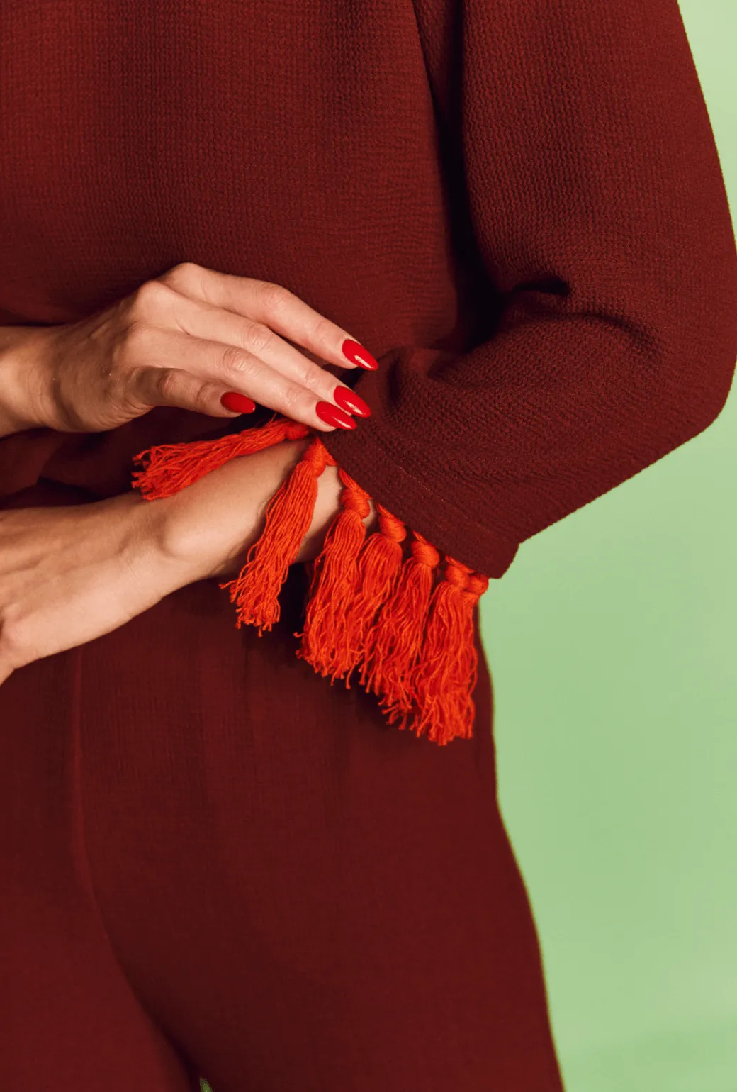 Tasseled Lounge Top  - Maroon & Orange