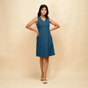 Teal Cotton Slim Fit Sleeveless Short Dress