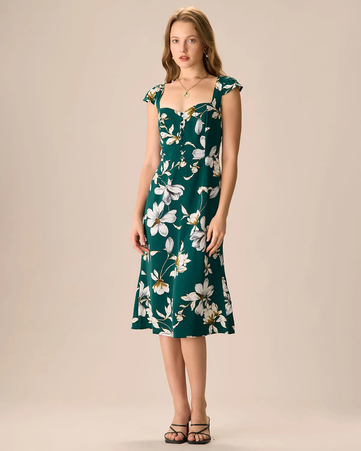 The Green Sweetheart Neck Cap Sleeve Floral Midi Dress