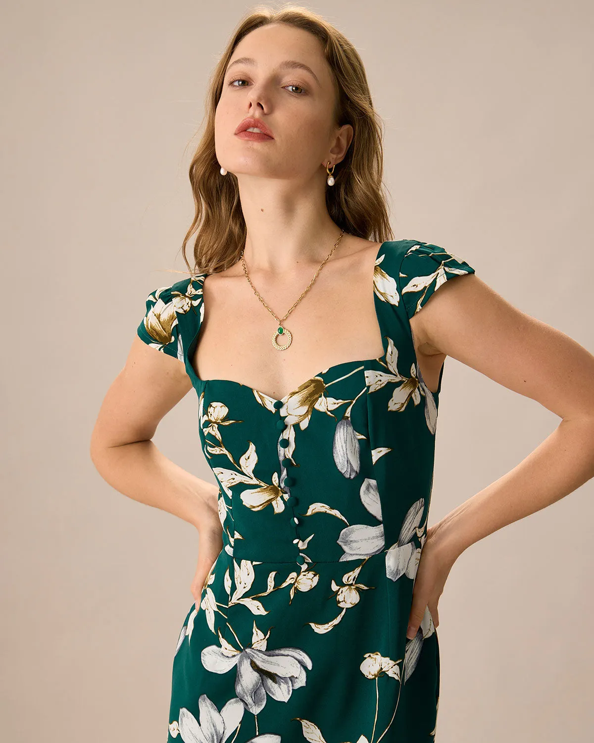 The Green Sweetheart Neck Cap Sleeve Floral Midi Dress