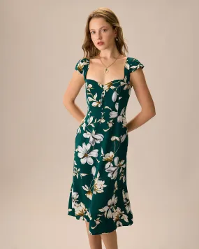 The Green Sweetheart Neck Cap Sleeve Floral Midi Dress