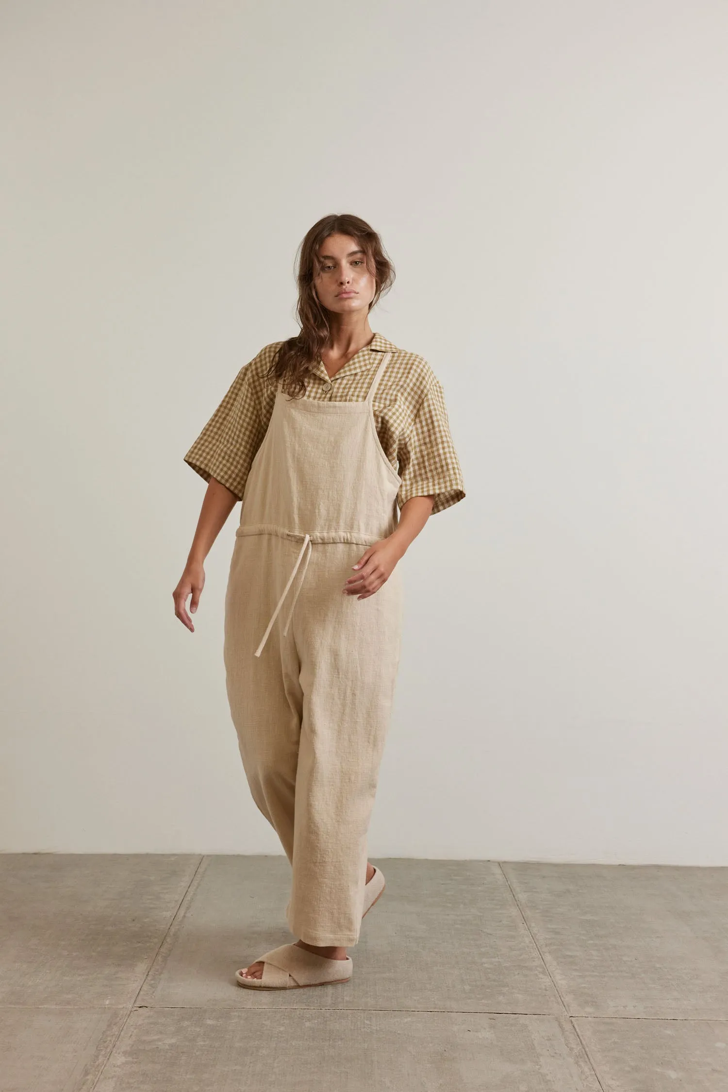 Tie waist ramie overall