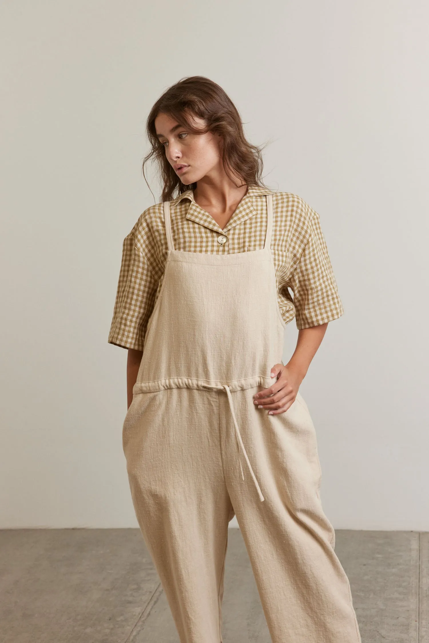 Tie waist ramie overall