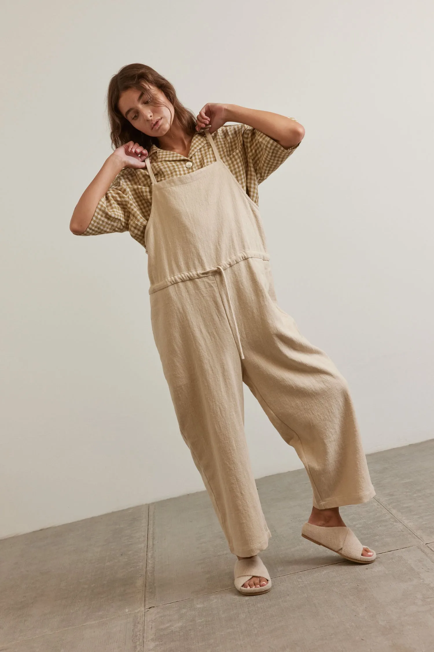 Tie waist ramie overall