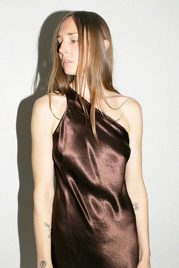 Umber Satin One Shoulder Bias Dress