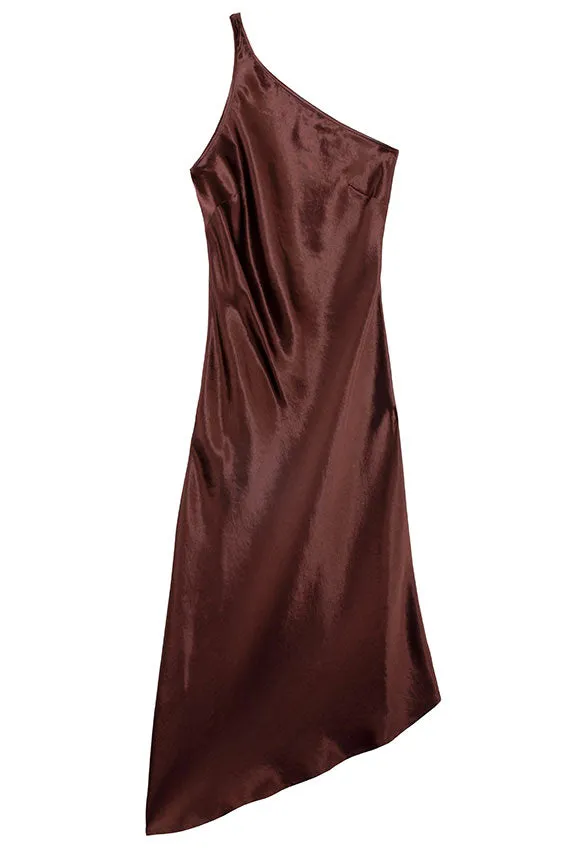 Umber Satin One Shoulder Bias Dress