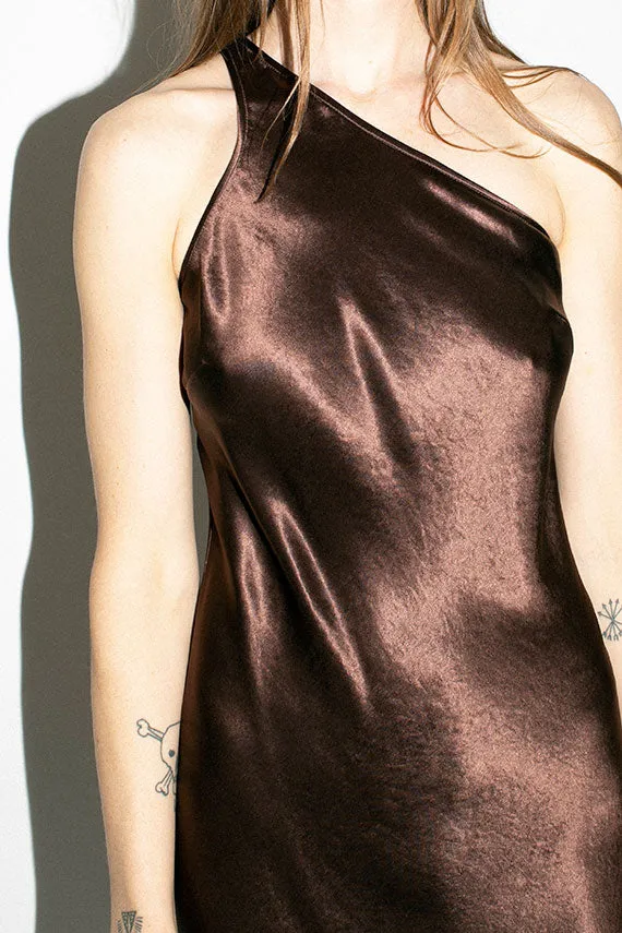 Umber Satin One Shoulder Bias Dress