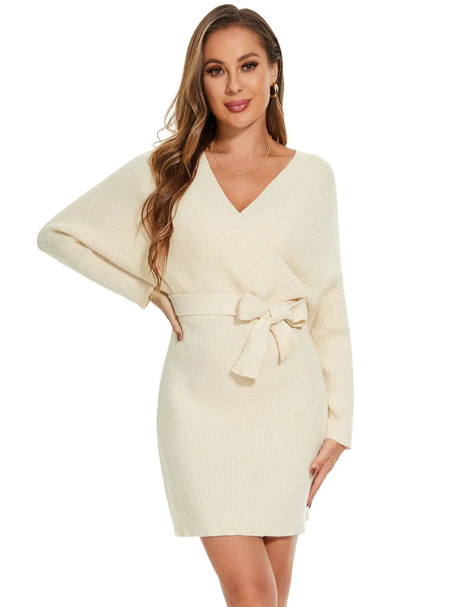 V-Neck Wrap Long Dolman Sleeve Knit Bodycon Sweater Dress