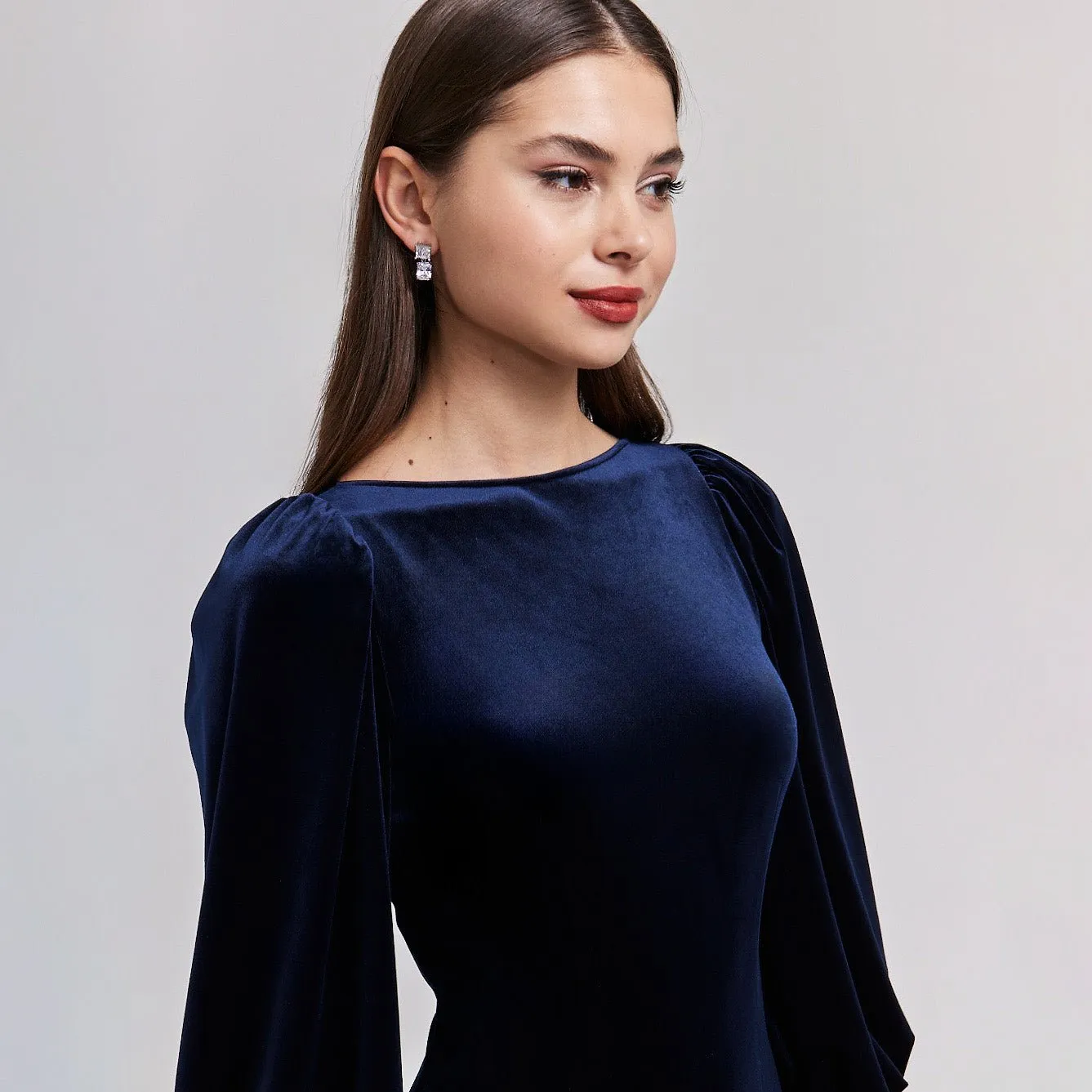 Velvet-Satin Balloon Sleeve Midi Dress