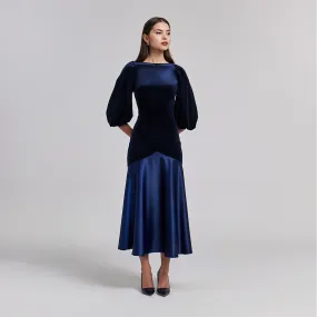 Velvet-Satin Balloon Sleeve Midi Dress