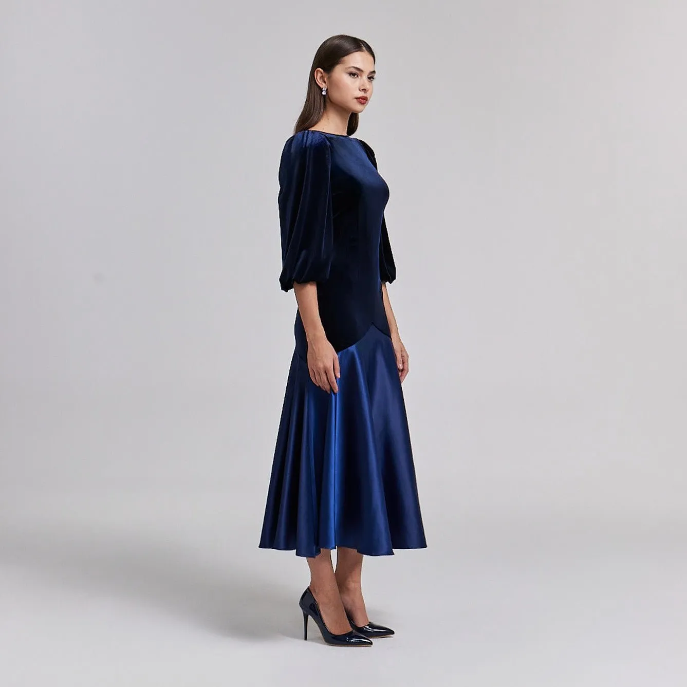 Velvet-Satin Balloon Sleeve Midi Dress